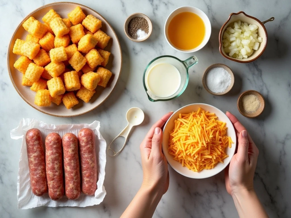 Ingredients for easy tater tot breakfast casserole