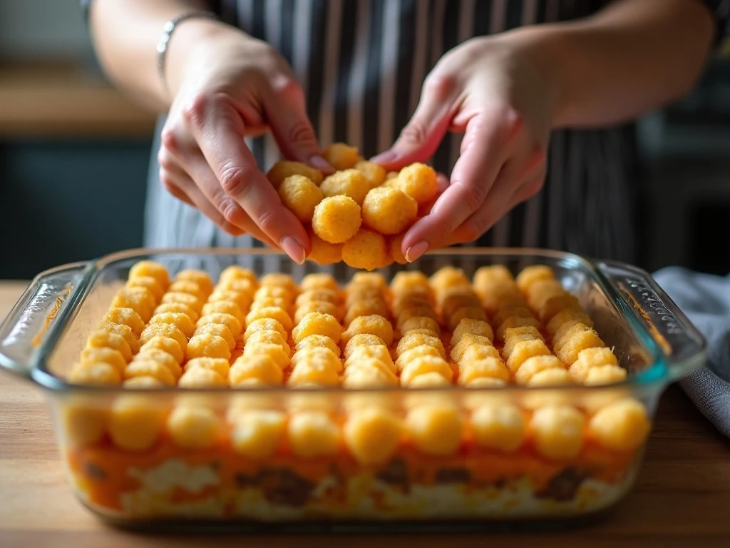 Arranging frozen tater tots over breakfast casserole