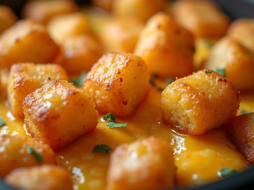 Crisp golden tater tots on cheesy breakfast casserole