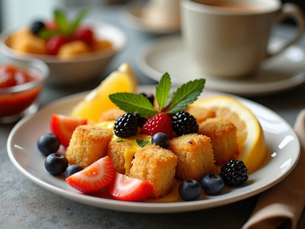 Tater tot casserole served with fruit and brunch sides