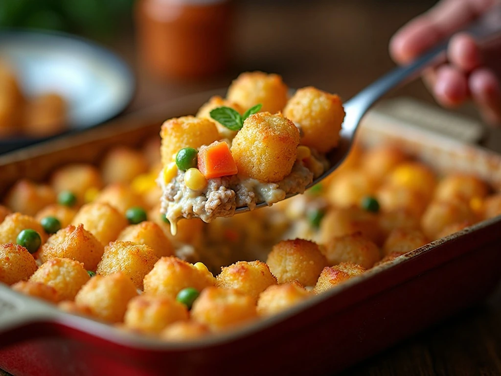 Serving of easy tater tot casserole with ground beef, vegetables, cheese, and crisp potatoes