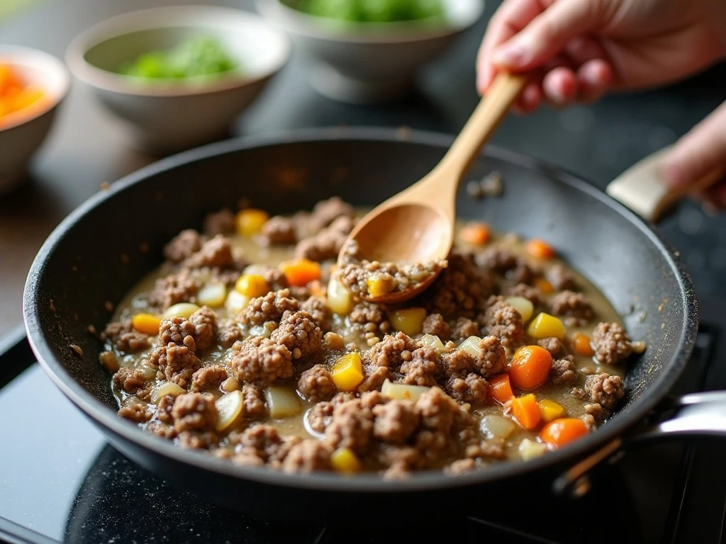 Preparing the creamy beef and vegetable filling for tater tot casserole