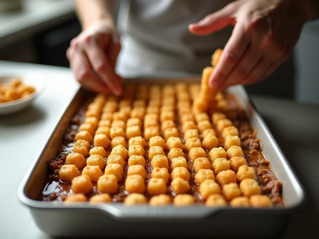 Frozen tater tots arranged in a single layer over casserole filling