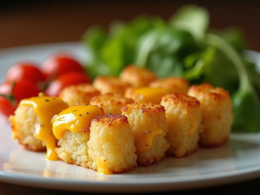 Crispy tater tot casserole served with a fresh salad
