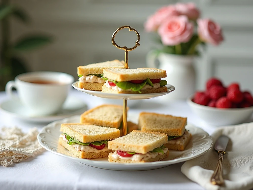 Crustless tea-room chicken salad sandwiches arranged for afternoon tea