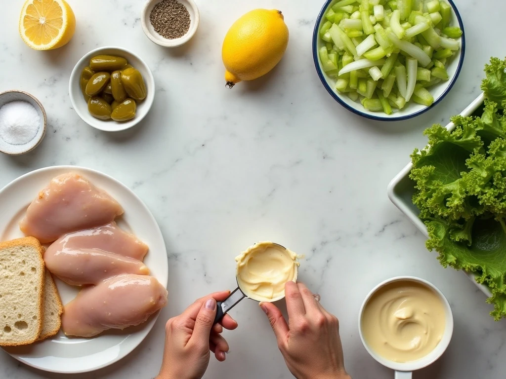 Ingredients for simple tea-room chicken salad sandwiches