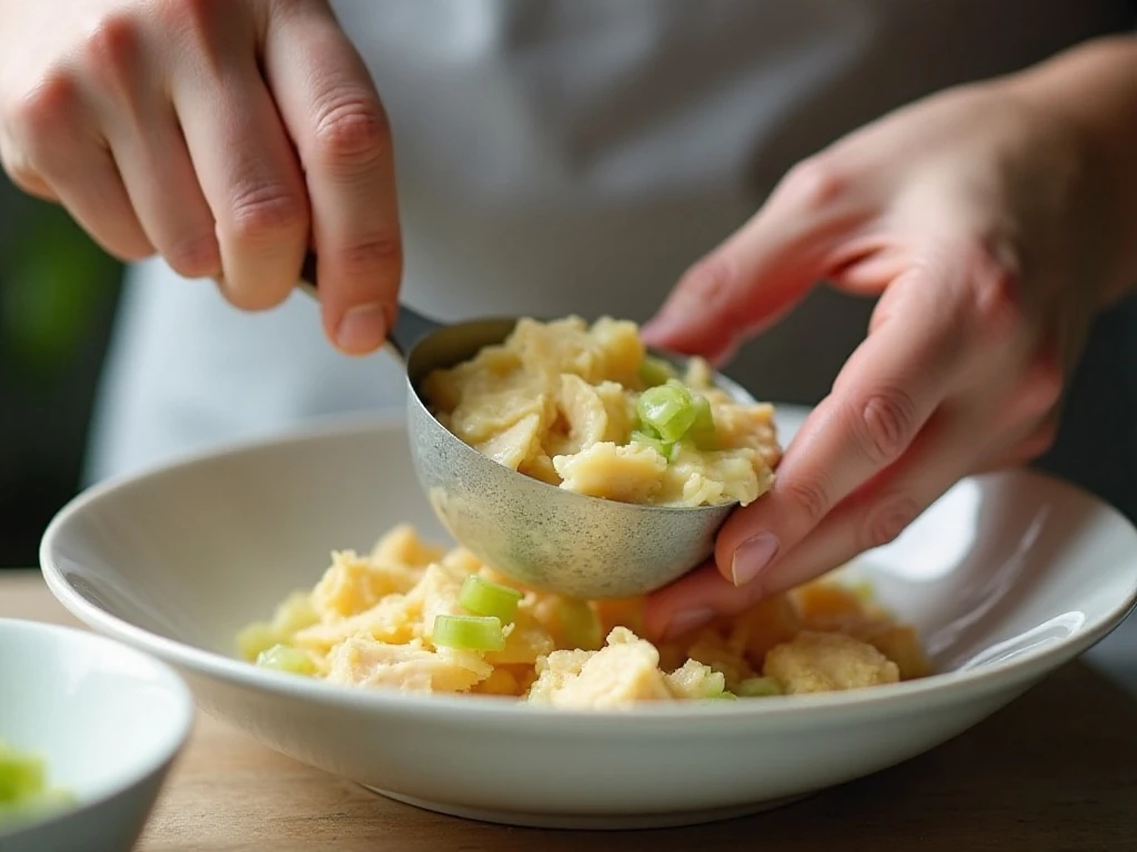 Folding chopped chicken into the tea sandwich salad mixture