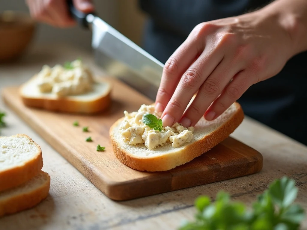 Spreading chicken salad evenly for neat tea sandwiches