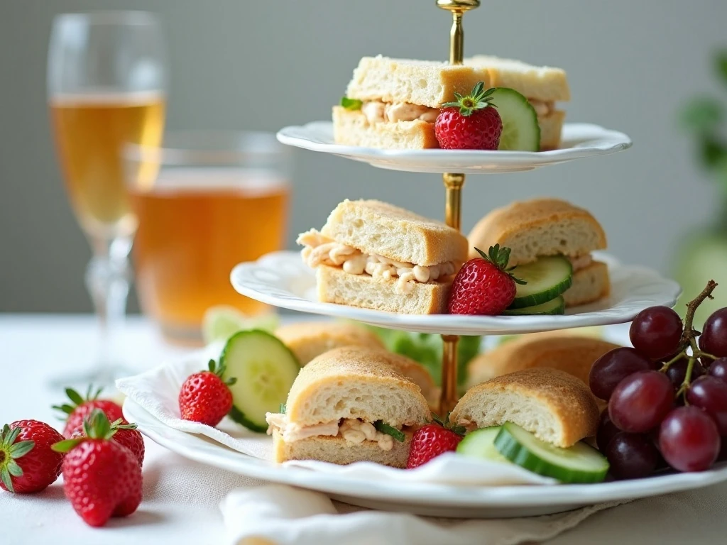 Tea-room spread with chicken salad sandwiches, fruit, and tea