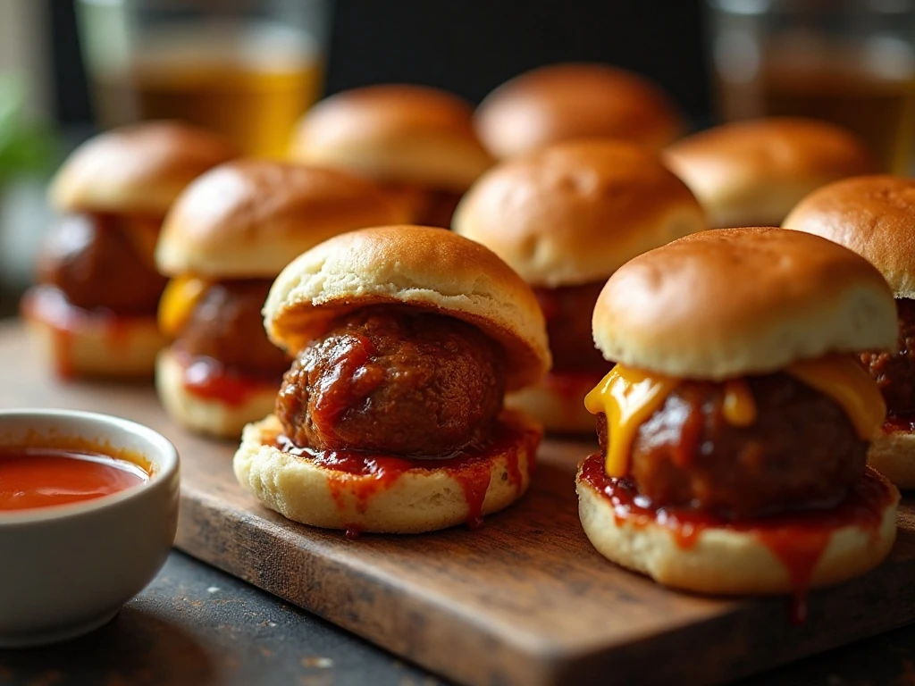 Tennessee whiskey meatball sliders on a party platter with dipping sauce