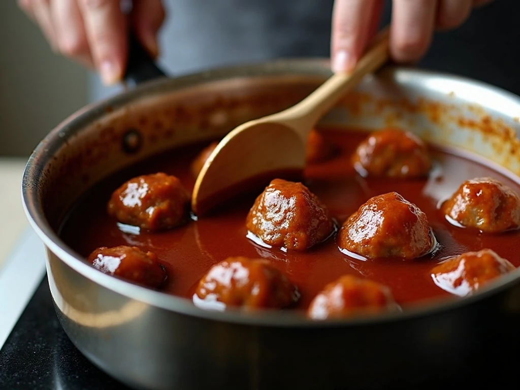 Meatballs simmering in Tennessee whiskey barbecue sauce