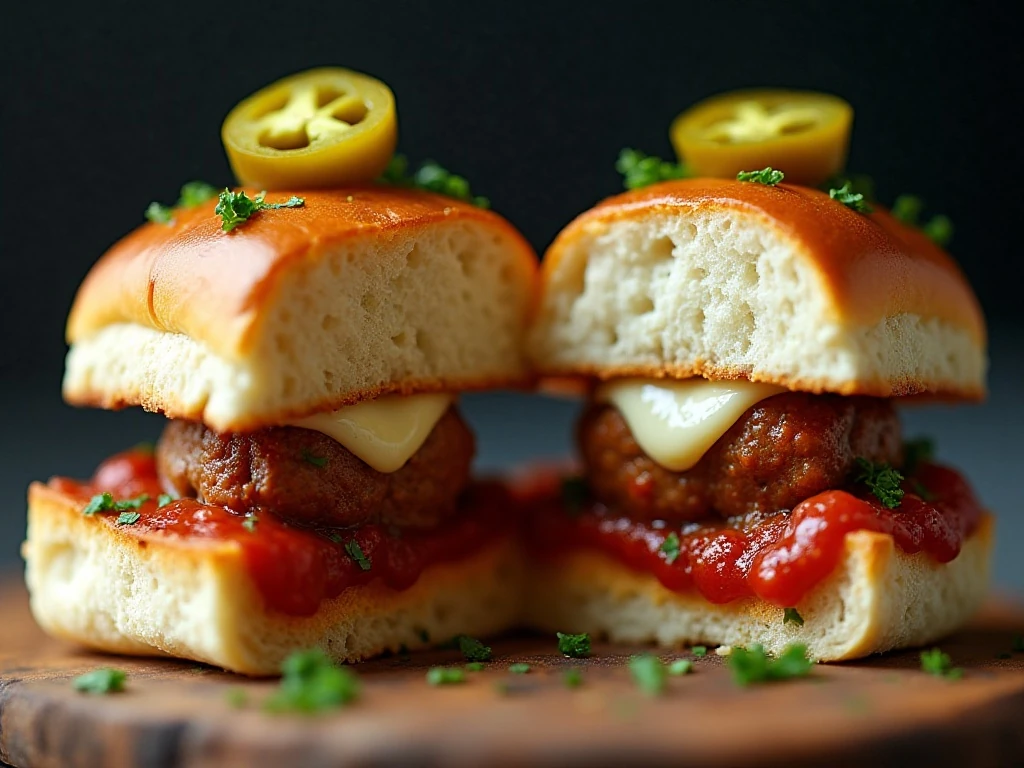 Close-up of a saucy meatball slider with melted cheese and jalapeños