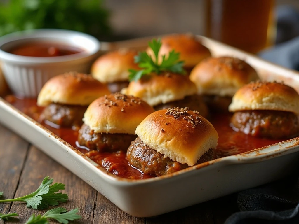 Warm baked Tennessee whiskey meatball sliders with garlic butter tops