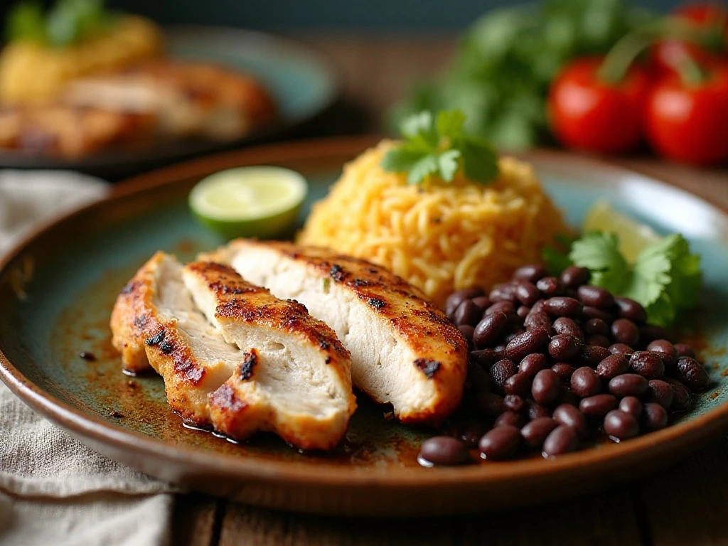 Sliced tequila lime chicken served with rice, beans, grilled vegetables, lime, and cilantro