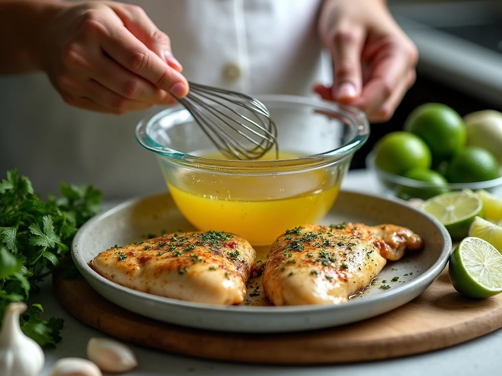 Preparing tequila lime marinade for chicken in a glass bowl