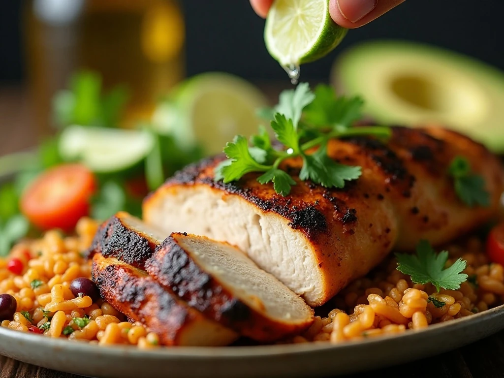 Tequila lime chicken garnished with cilantro and fresh lime