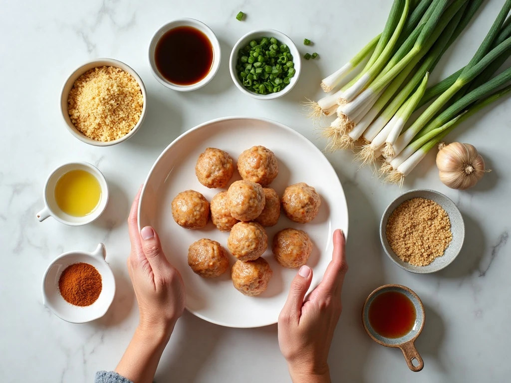 Ingredients for easy teriyaki chicken meatballs arranged on a countertop