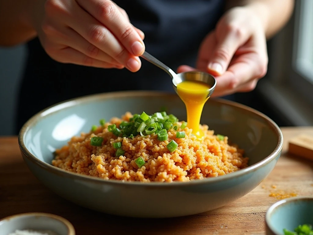 Mixing the chicken meatball ingredients in a bowl