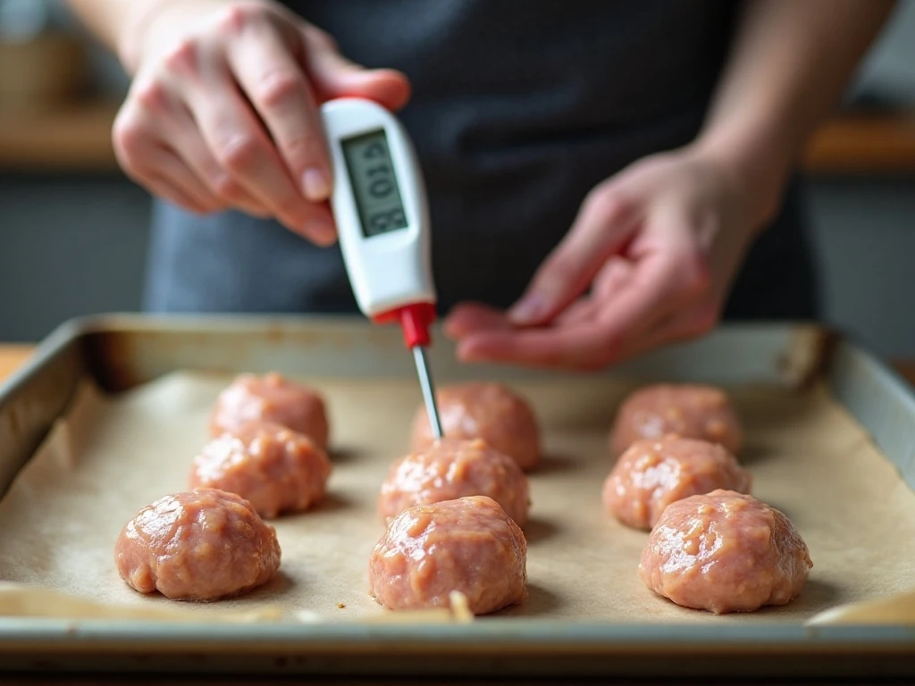 Evenly shaped chicken meatballs arranged on a baking sheet