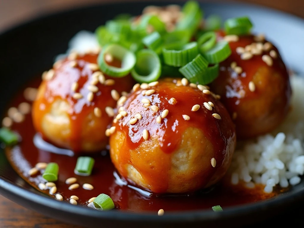 Close-up of teriyaki sauce, sesame seeds, and green onions on a chicken meatball