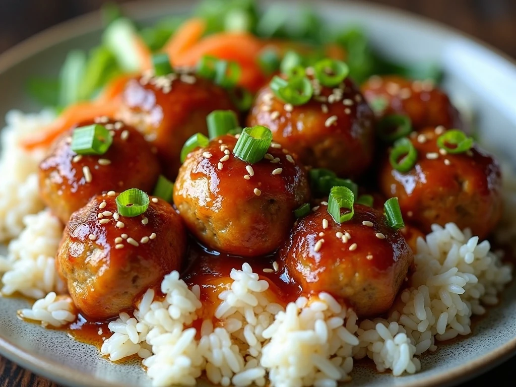 Finished teriyaki chicken meatballs served with rice and vegetables