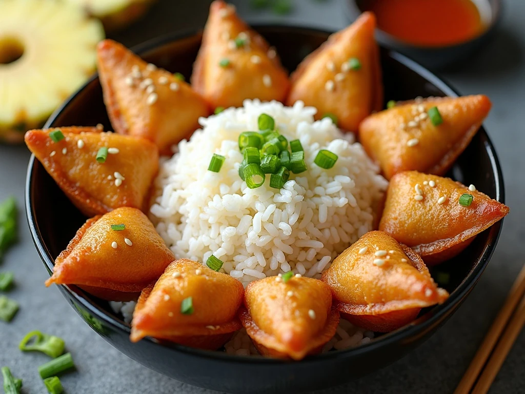 Teriyaki chicken pineapple wontons served with steamed rice