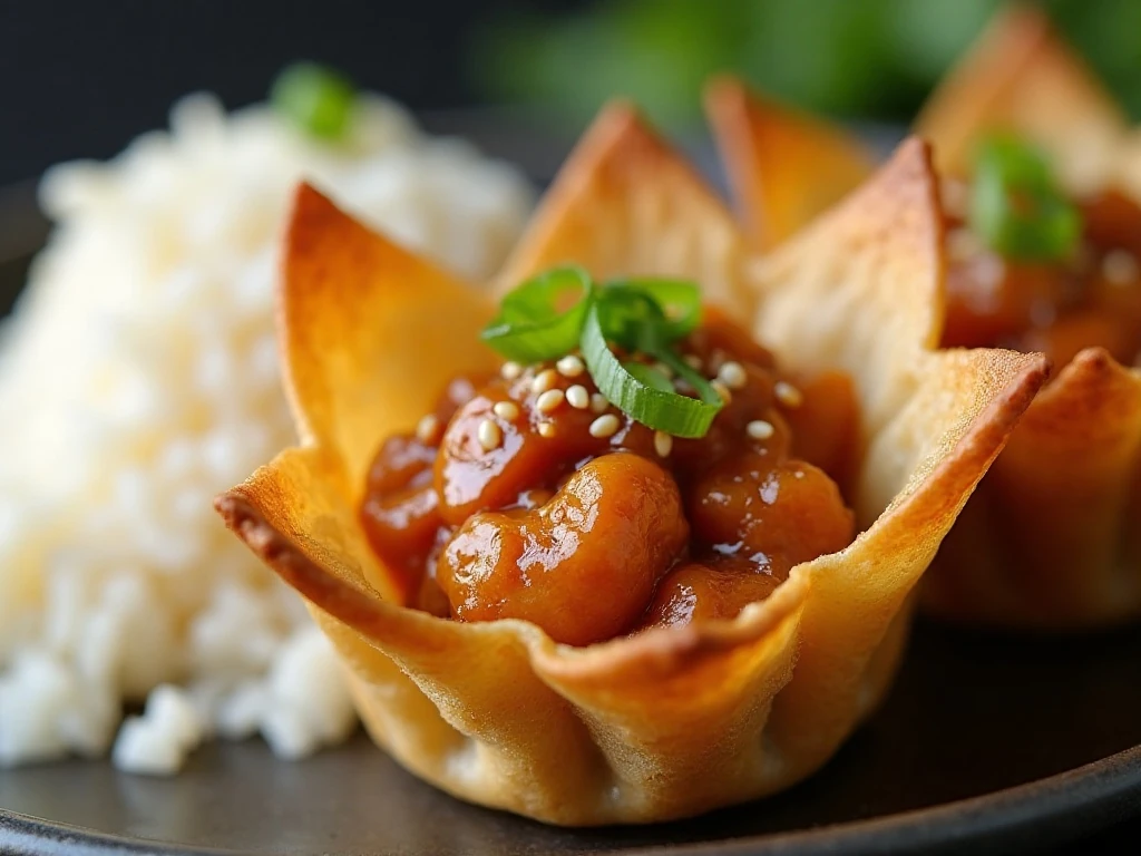 Close-up teriyaki chicken pineapple wonton garnish