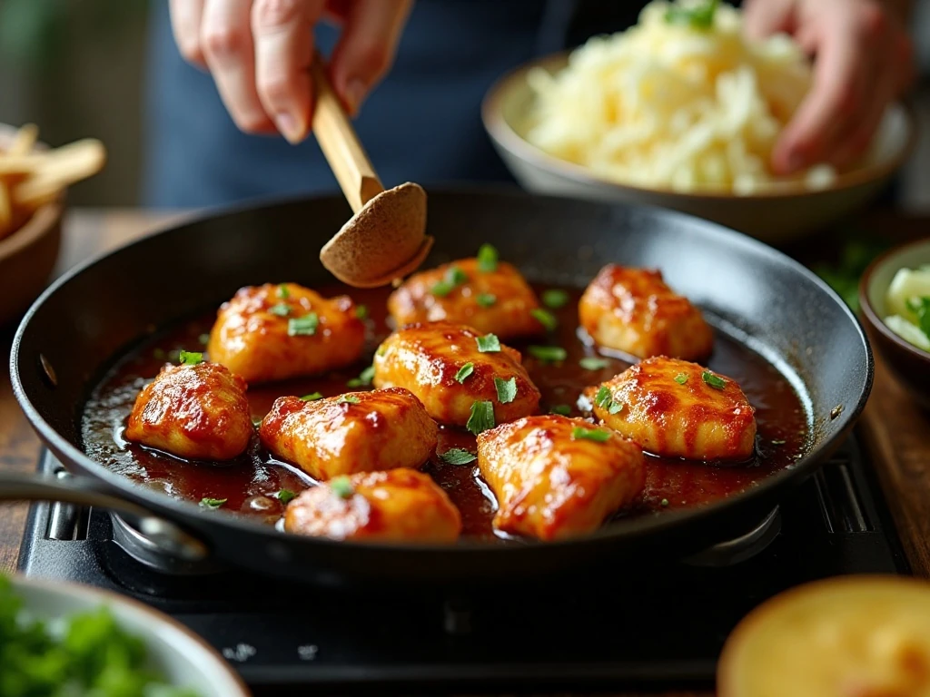 Teriyaki chicken cooking in a skillet for tacos