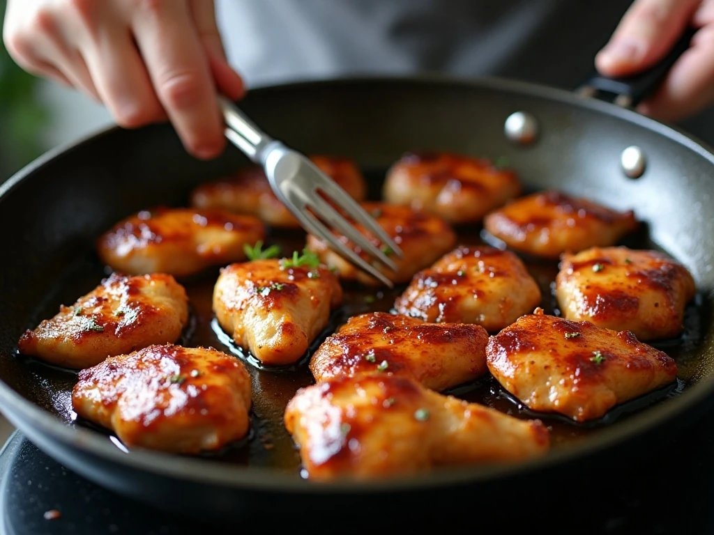 Chicken browning in a single layer with teriyaki sauce