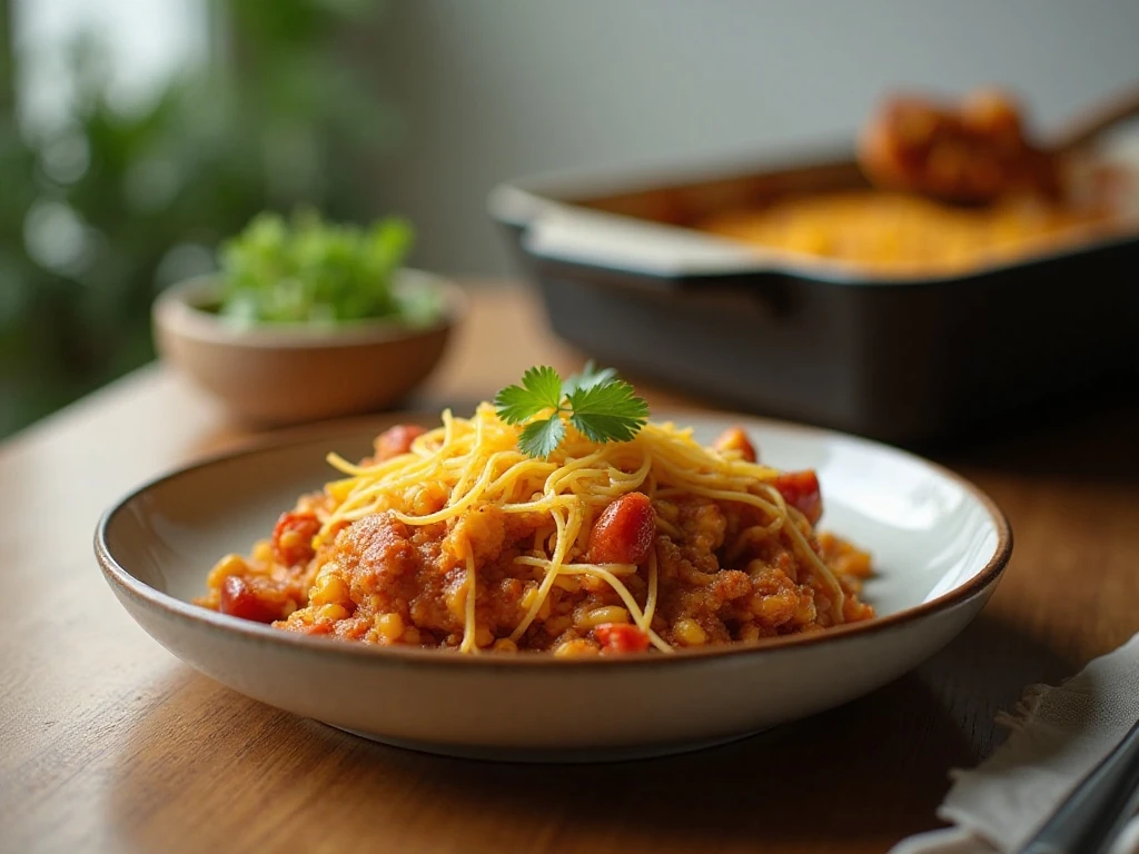 Reheated serving of cornbread-topped Tex-Mex skillet