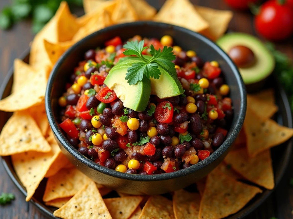 Colorful Texas caviar served with tortilla chips