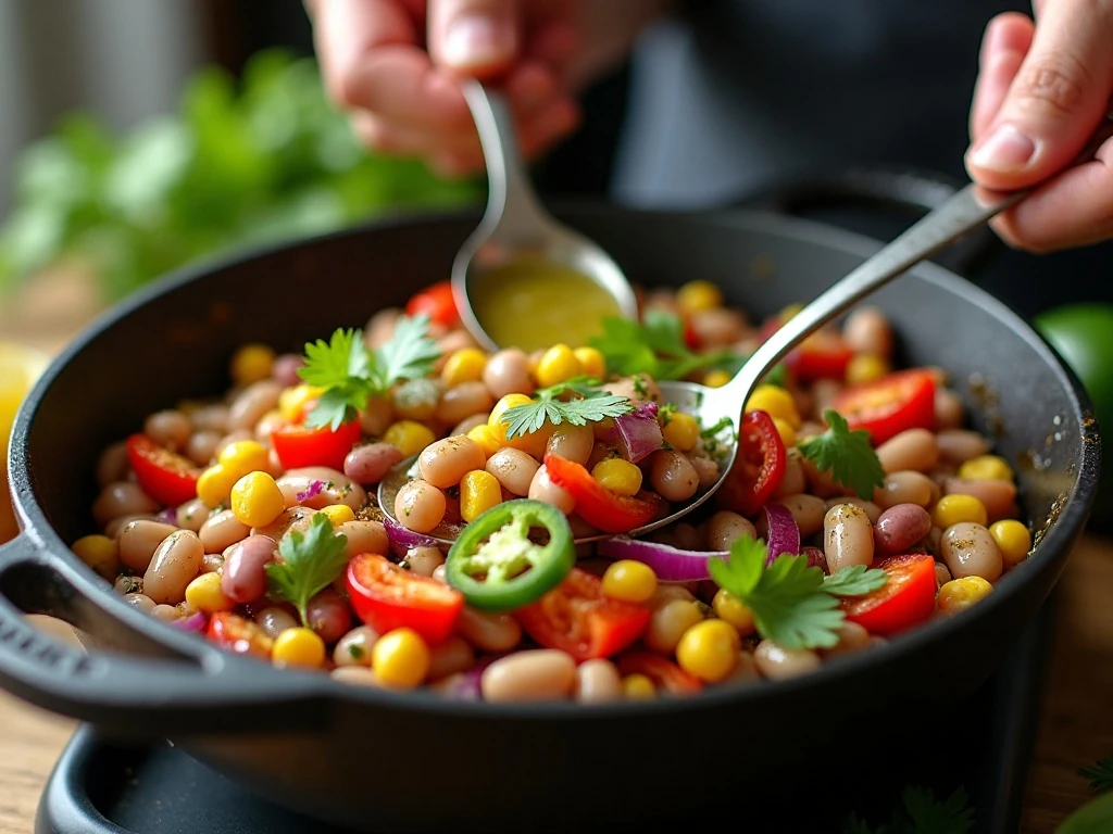 Bean and corn mixture being tossed with Texas caviar dressing