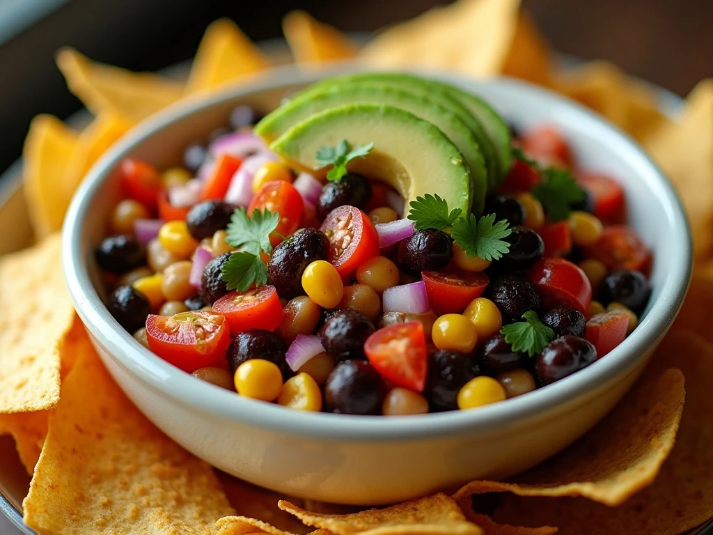 Colorful Texas caviar dip served with tortilla chips