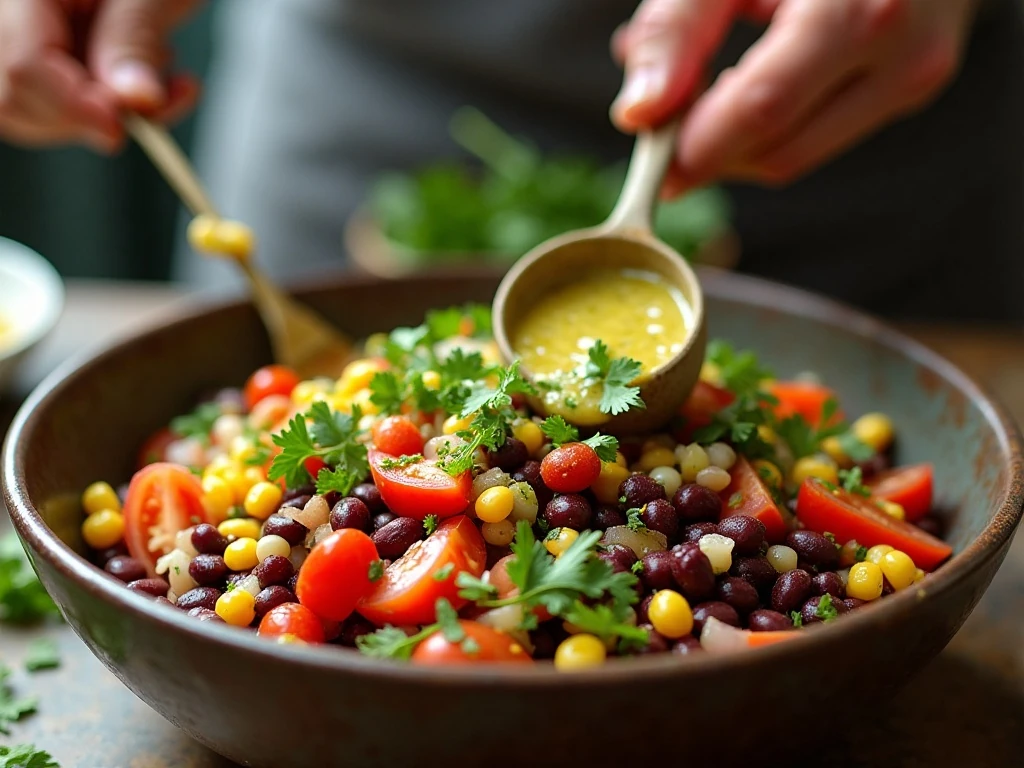 Mixing beans and fresh vegetables for Texas caviar