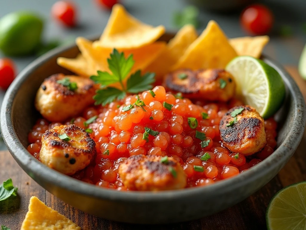 Texas caviar served with tortilla chips and meal toppings