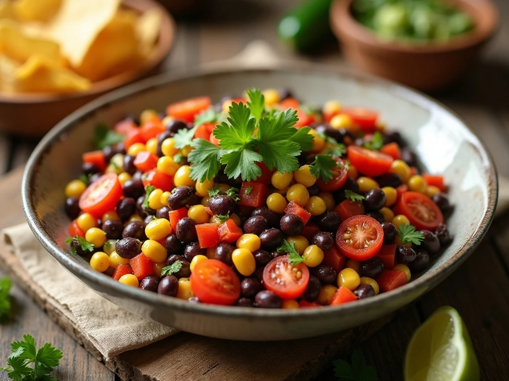 Colorful Texas caviar salad served with tortilla chips