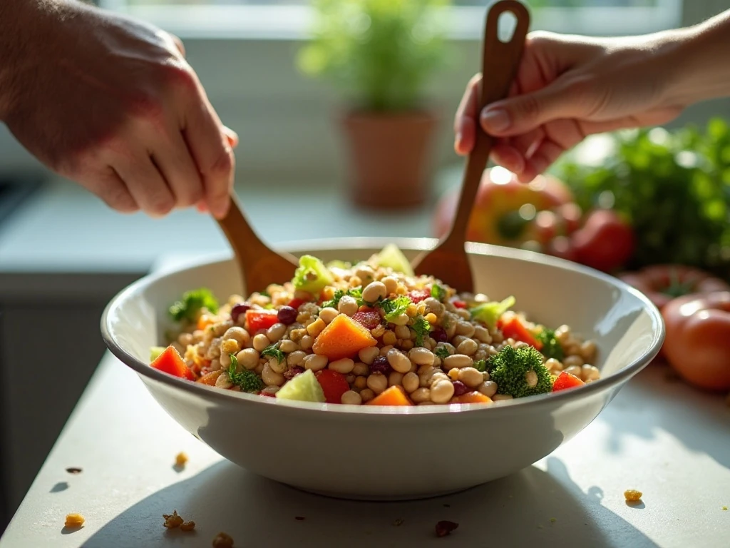 Mixing beans and vegetables for Texas caviar salad