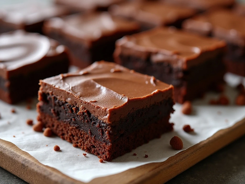 Platter of moist Texas sheet cake brownies with chocolate frosting