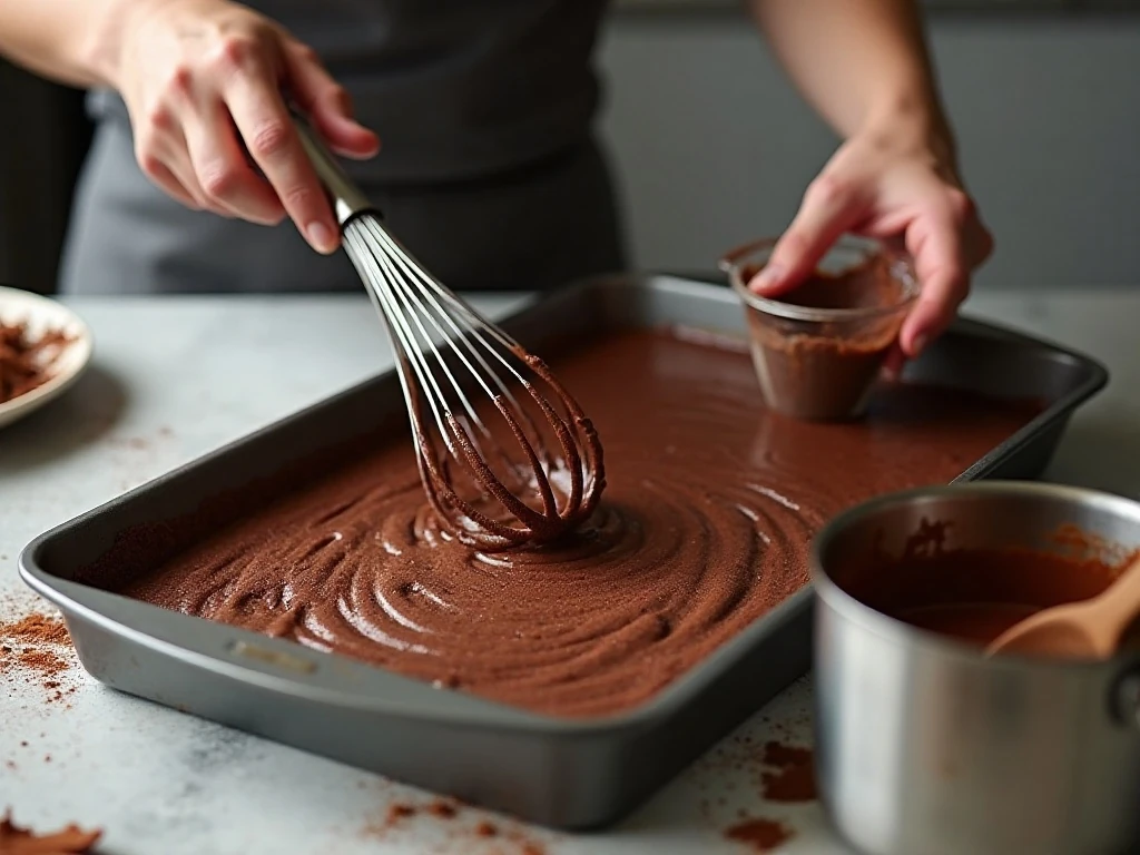 Preparing chocolate batter for Texas sheet cake brownies