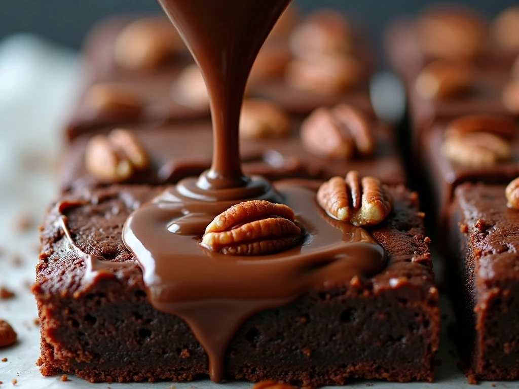 Warm chocolate frosting and toasted pecans on sheet cake brownies