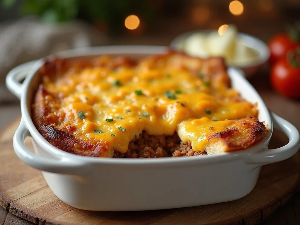Bubbling Texas Toast Casserole with ground beef, green beans, and melted cheddar