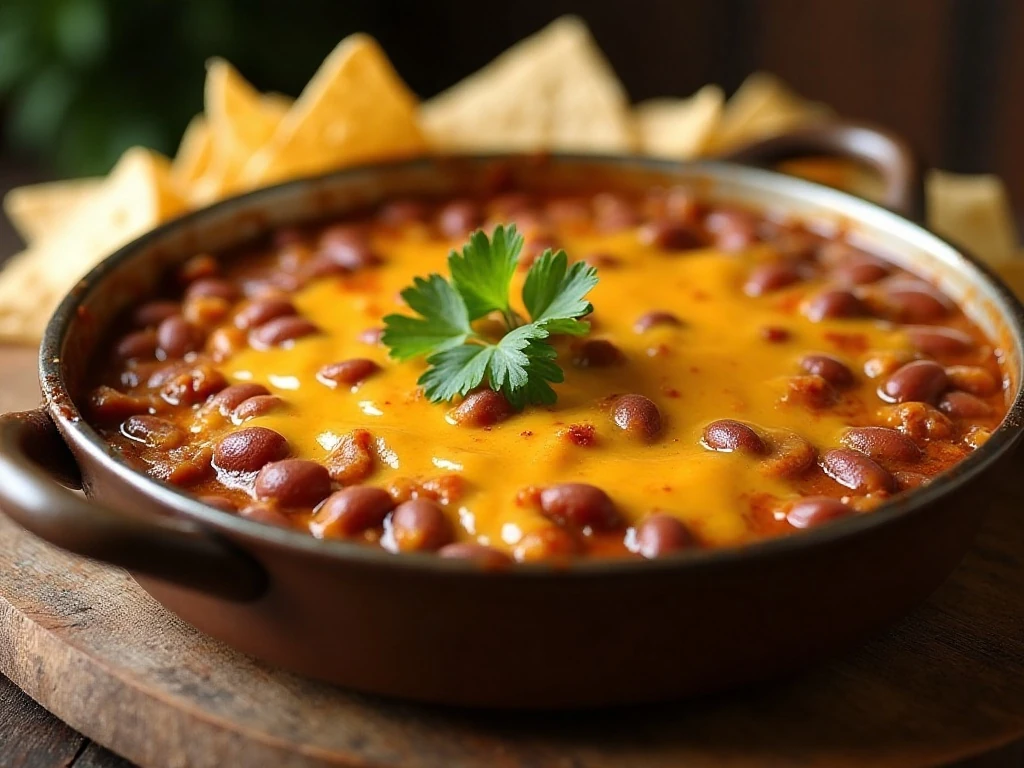 Bubbling Texas warm bean dip served with tortilla chips