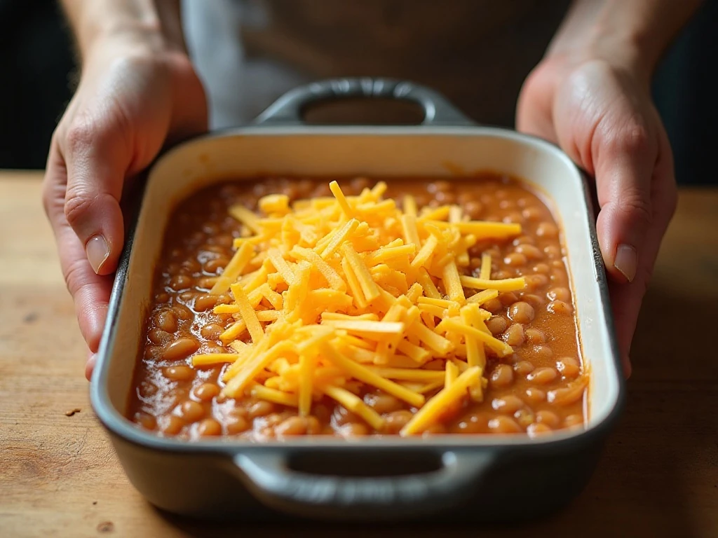 Bean dip spread in a shallow baking dish before baking