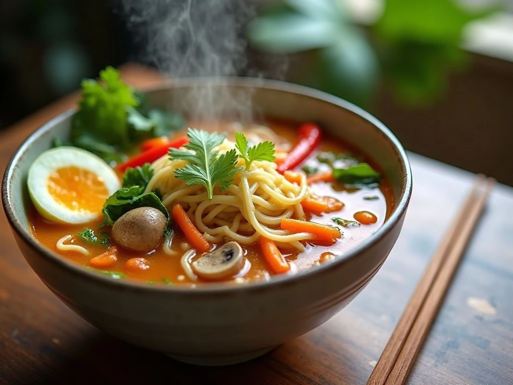 Bowl of creamy Thai ginger vegetable noodle soup with rice noodles and colorful vegetables