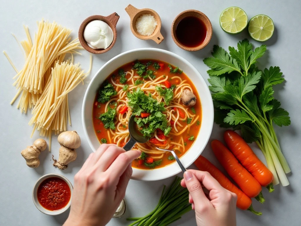 Ingredients for Thai ginger vegetable noodle soup arranged for cooking