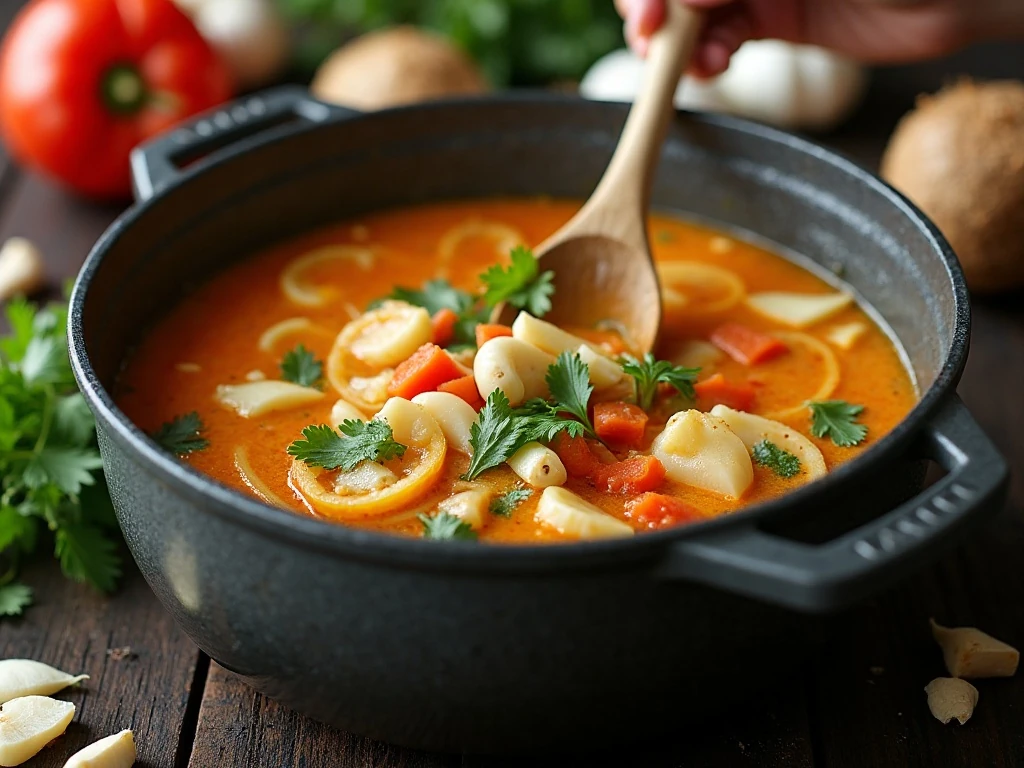 Vegetables and curry paste cooking in a pot for Thai ginger noodle soup