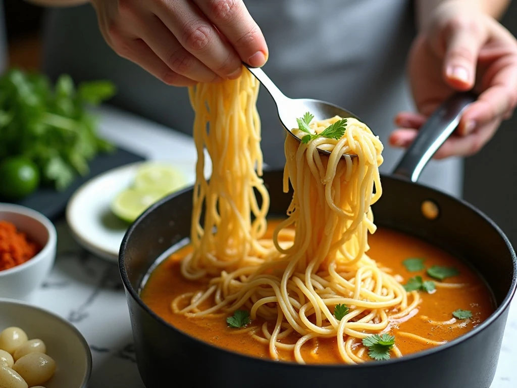 Rice noodles prepared separately for Thai ginger vegetable noodle soup