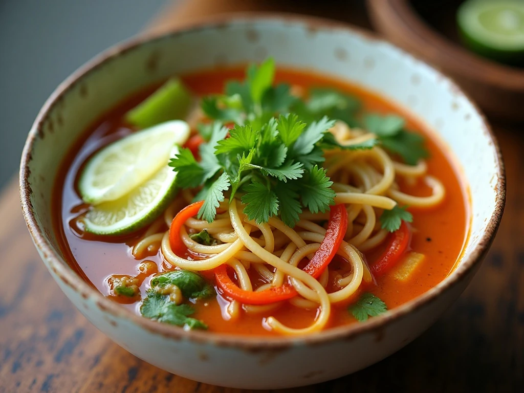 Thai ginger vegetable noodle soup garnished with cilantro green onions and lime