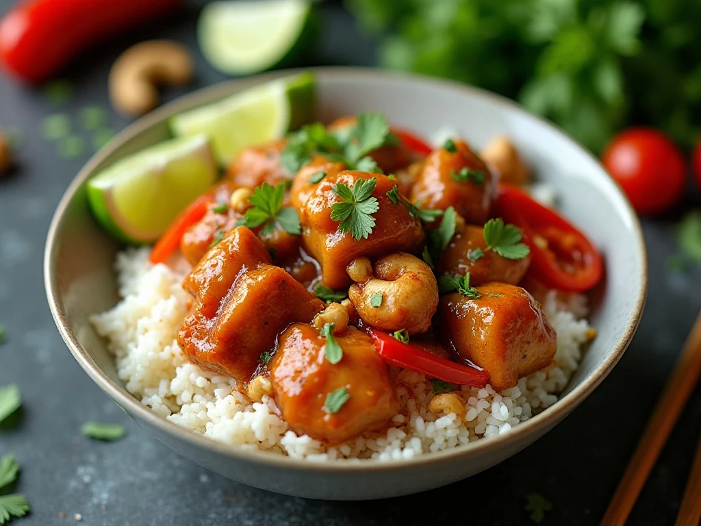 Thai lemongrass chicken with cashews served over jasmine rice