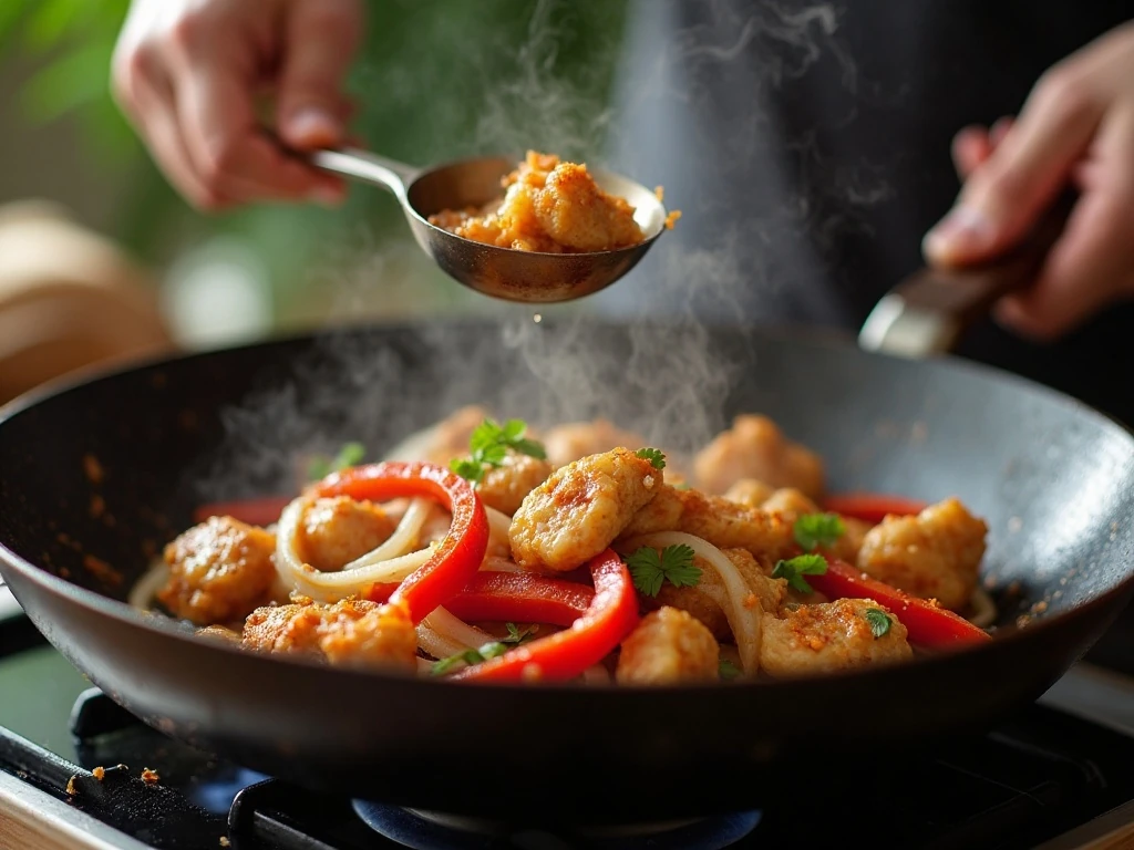 Chicken and vegetables being stir-fried in a wok